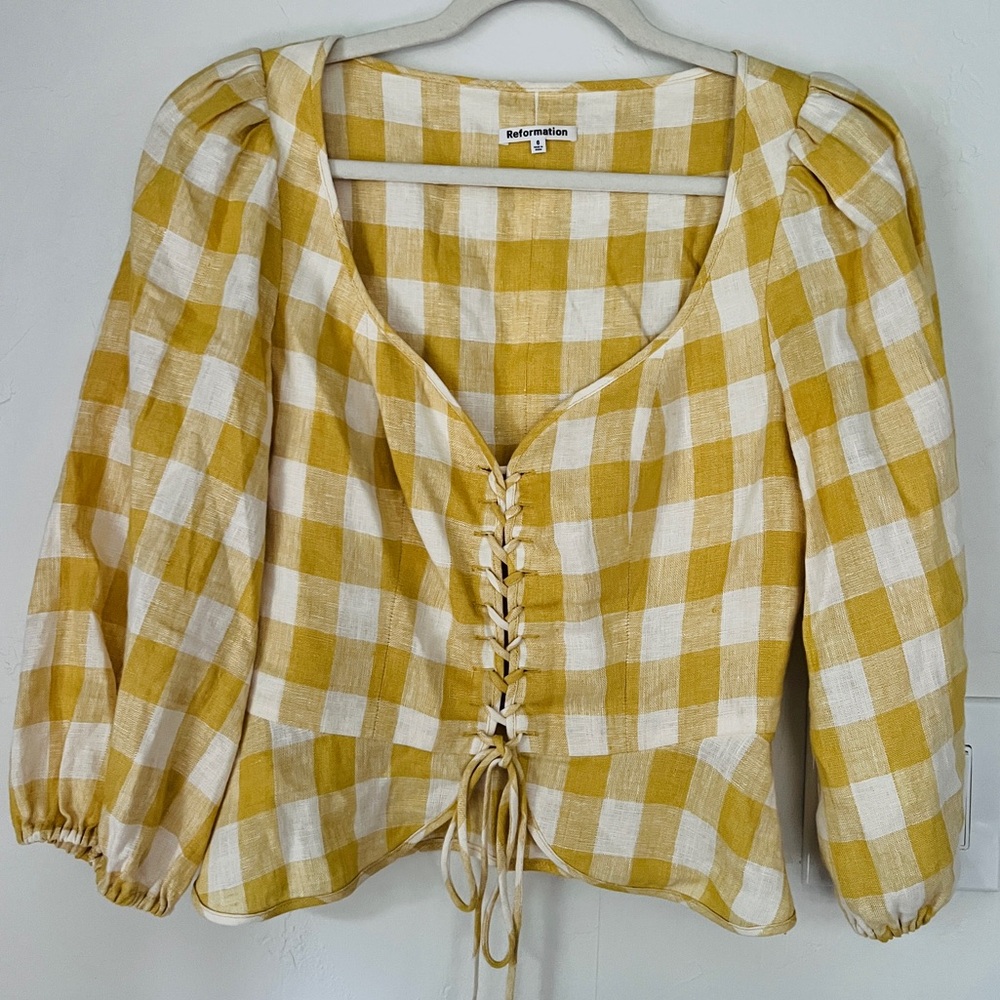 Reformation Gingham Yellow Blouse Womens 6